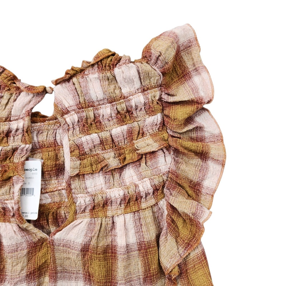 Free People Blush Plaid Smocked Ruffle Top Sz S NWT Boho Cottagecore - Picture 11 of 11